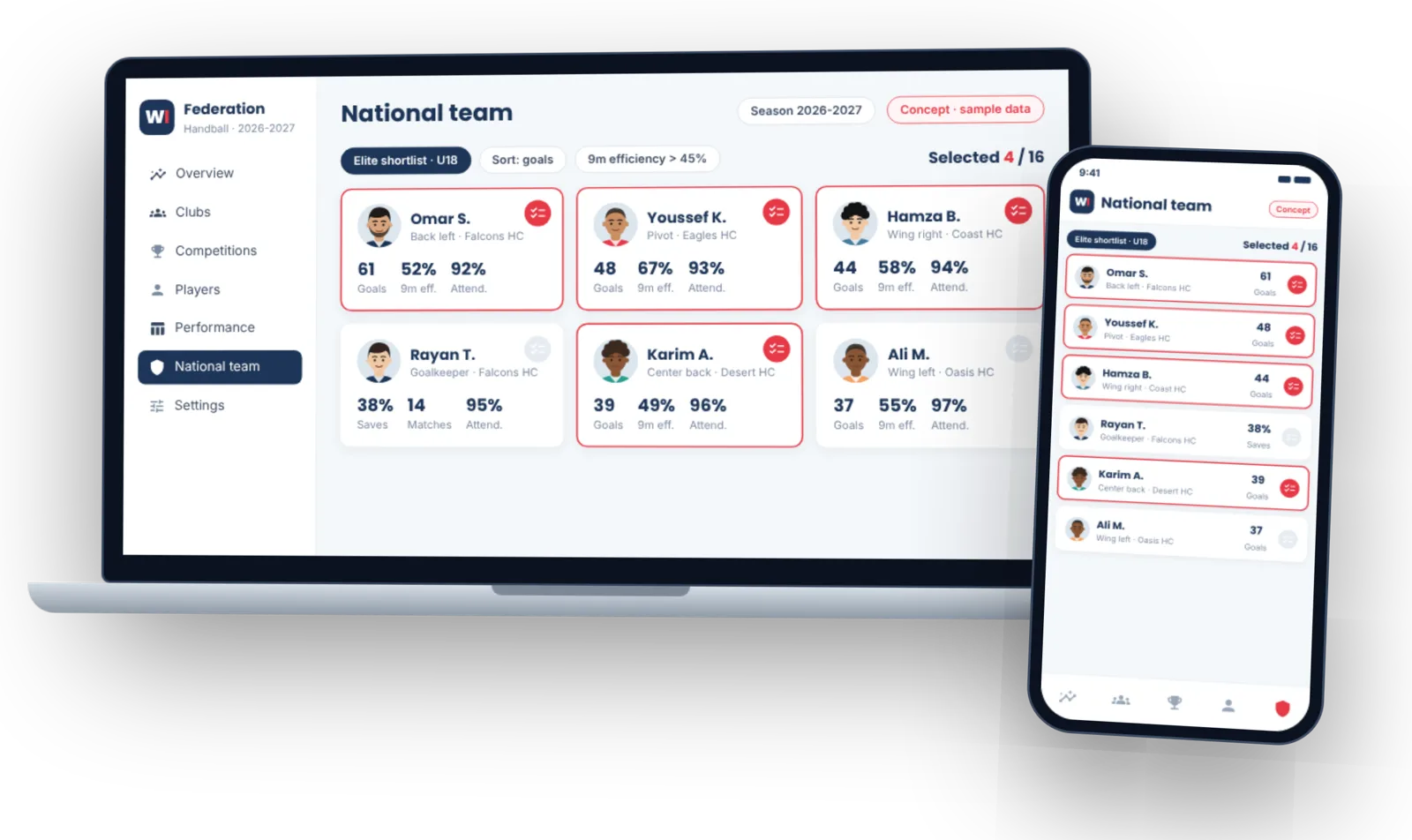 Concept of the national team selection screen, with sample players
